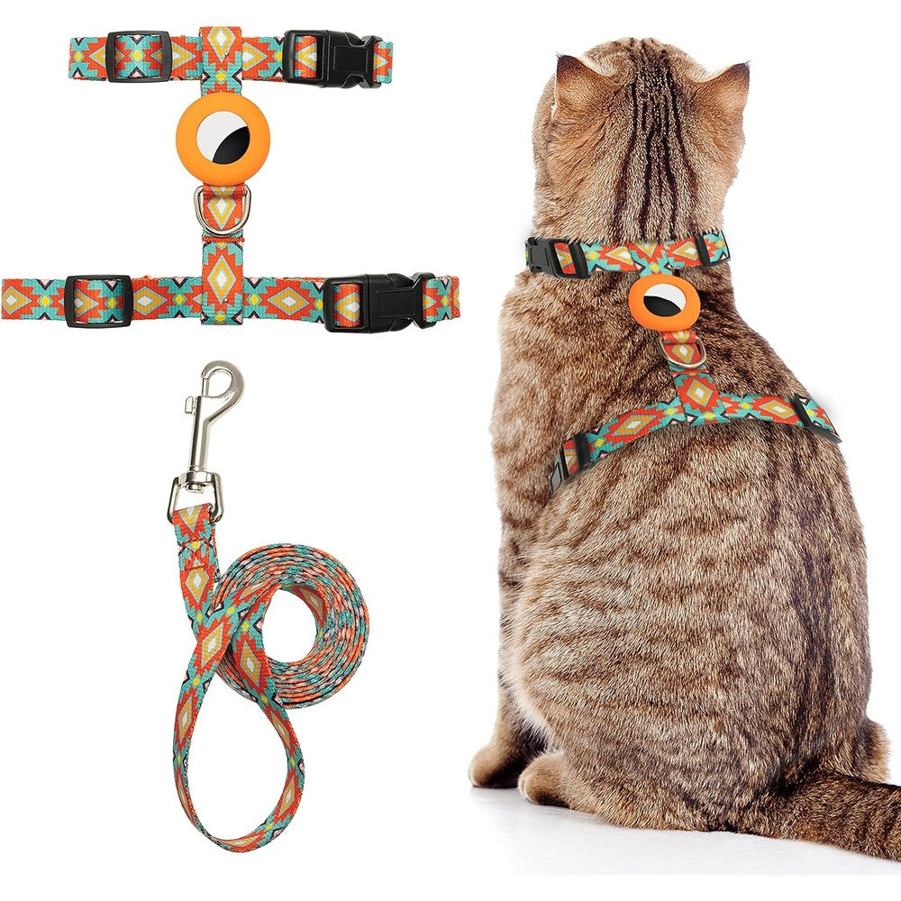CUSOZWO Escape Proof Cat Harness And Leash Set With Built In Apple AirTag Holder Adjustable Soft Nylon Tribal Print Walking Vest For Cats