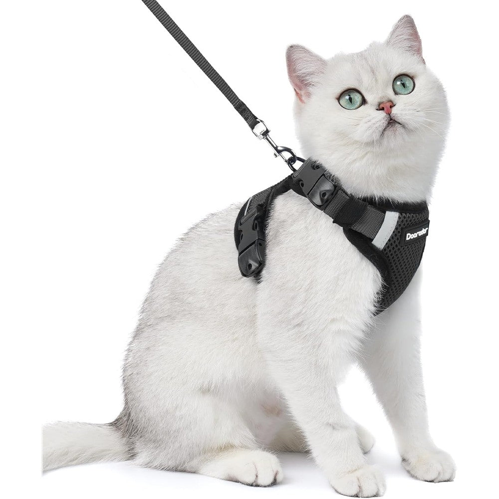 Dooradar Cat Harness And Leash Set Escape Proof Soft Vest With Three Adjustable Buckles And Reflective Strip For Safe Outdoor Walking Black Small