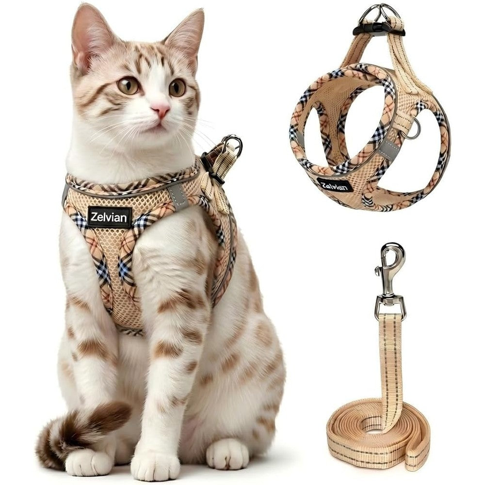 Zelvian Escape Proof Cat Harness and Leash Set Adjustable Vest Soft Reflective Mesh Step In Fit Walking Gear Beige Plaid Small Size