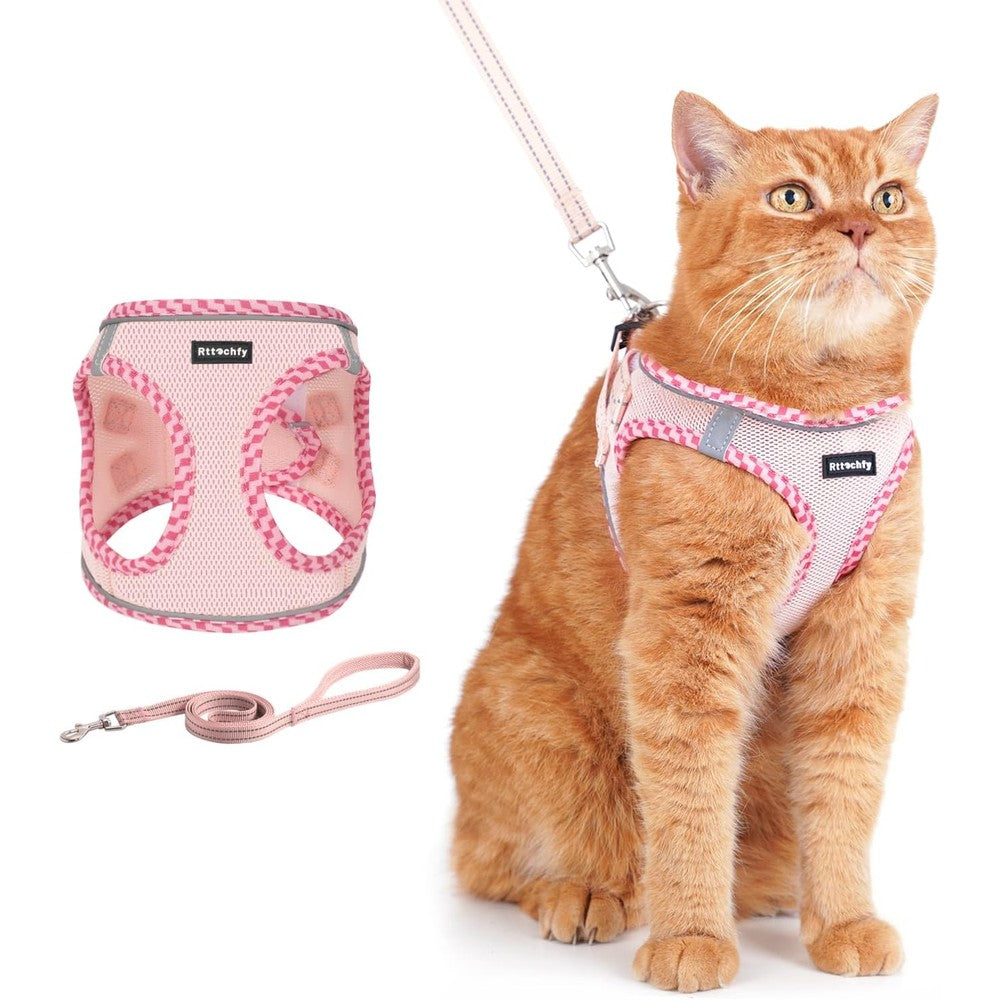 Lucy & Co. Rttochfy Cat Harness and Leash Set Escape Proof Kitten Vest with Reflective Strip for Walking Pink Small