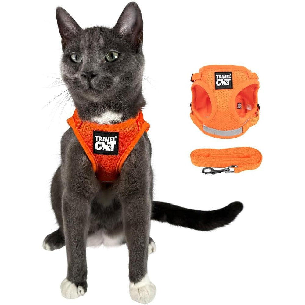 The Fat Cat travel cat harness and leash set front view showing orange mesh vest