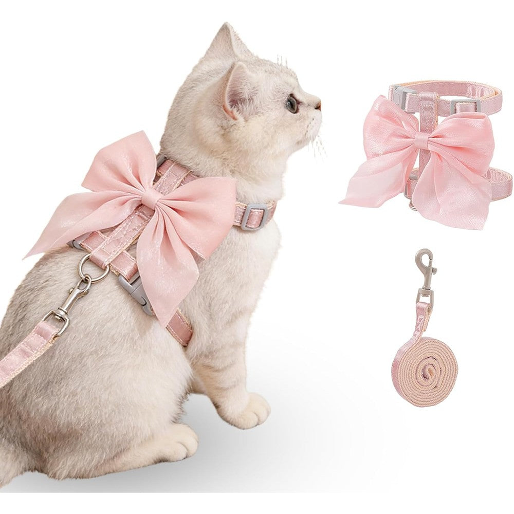 Tensho Pink Bow Cat Harness And Leash Set Escape Proof Adjustable Kitten Vest Harness For Small Dogs Cats And Rabbits Small Size