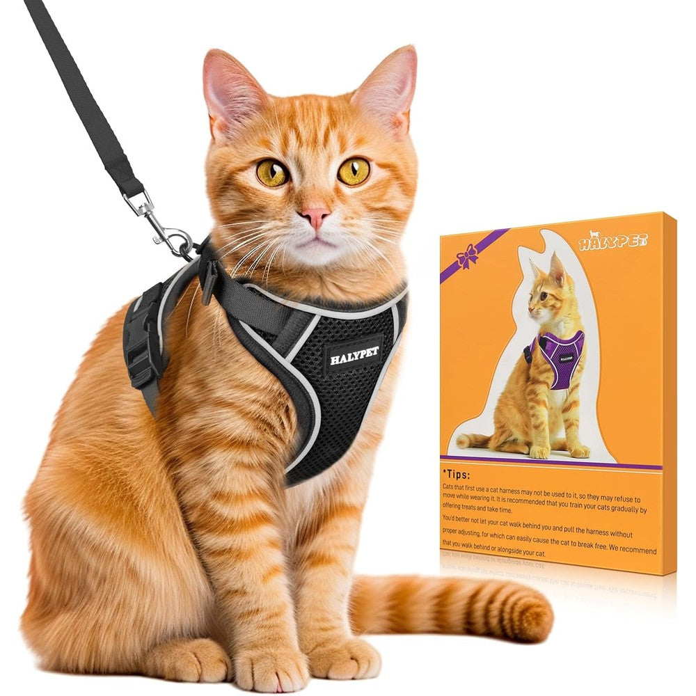 Halypet Cat Harness and Leash Set Escape Proof Adjustable Soft Vest Harness with Reflective Strip for Kittens and Cats Small Black
