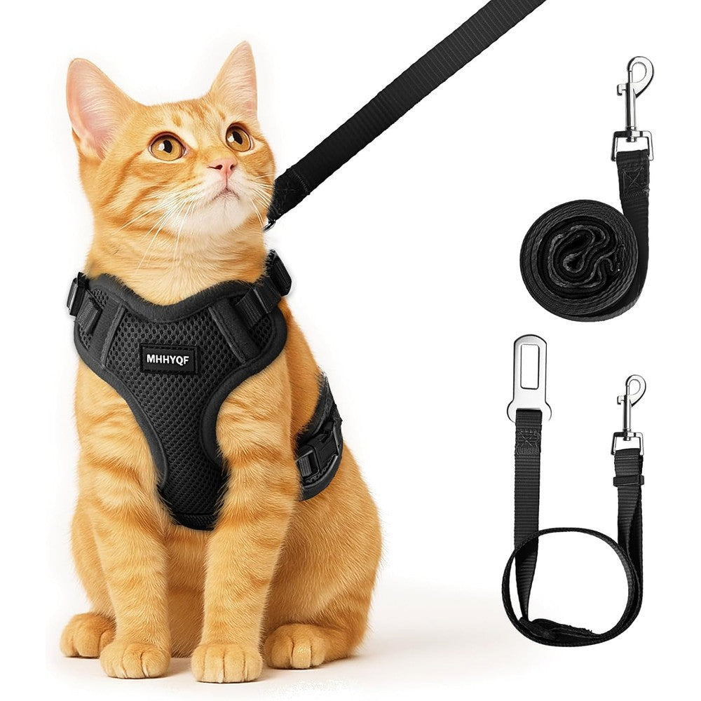 MHHYQF Cat Harness And Leash Set For Walking Escape Proof Soft Adjustable Vest Harness For Cats Easy Control Breathable Reflective Strips Black Small