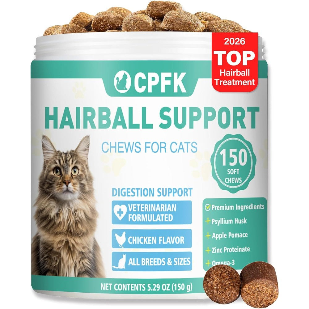 CPFK cat hairball remedy treats 150 soft chews bottle front view for furball control