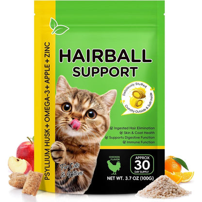 ReliCo Hairball Control Cat Treats front view pouch showing chicken flavor details.