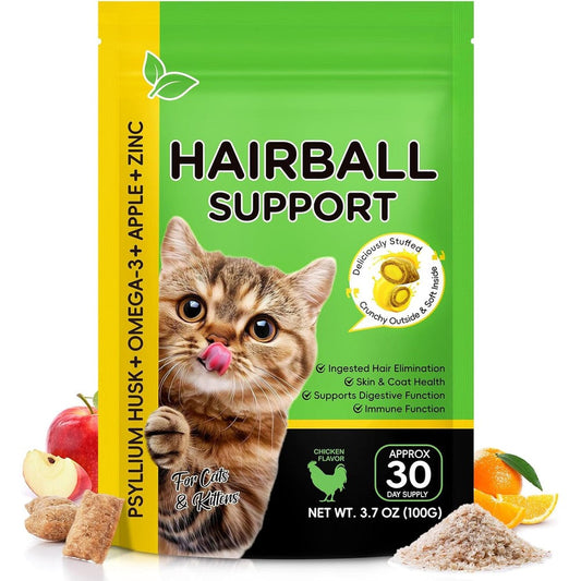 ReliCo Hairball Control Cat Treats front view pouch showing chicken flavor details.