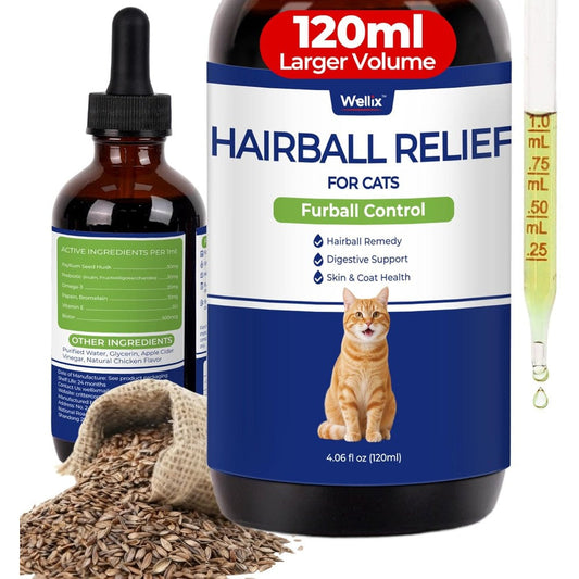 Wellix Cat Hairball Remedy Drops front view of 120ml bottle for feline digestive health