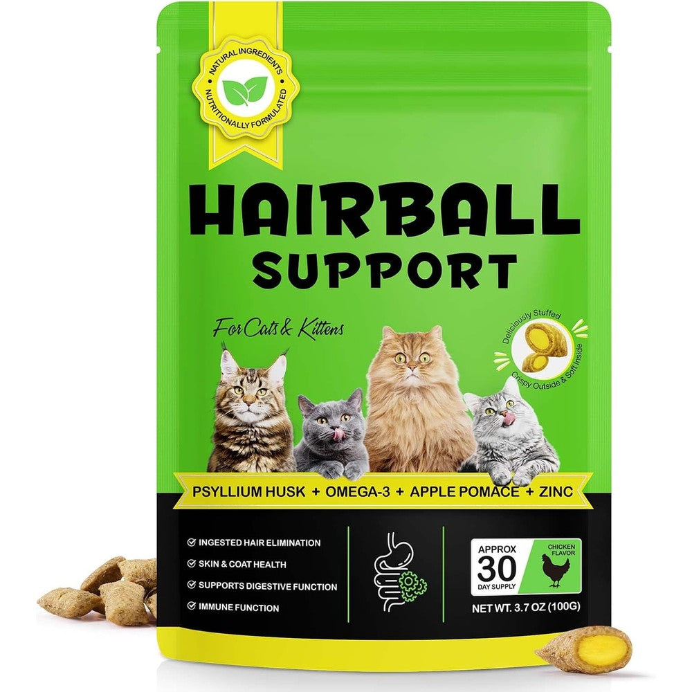 Pet Honesty Cat Hairball Support chicken chews front pouch view for furball control.