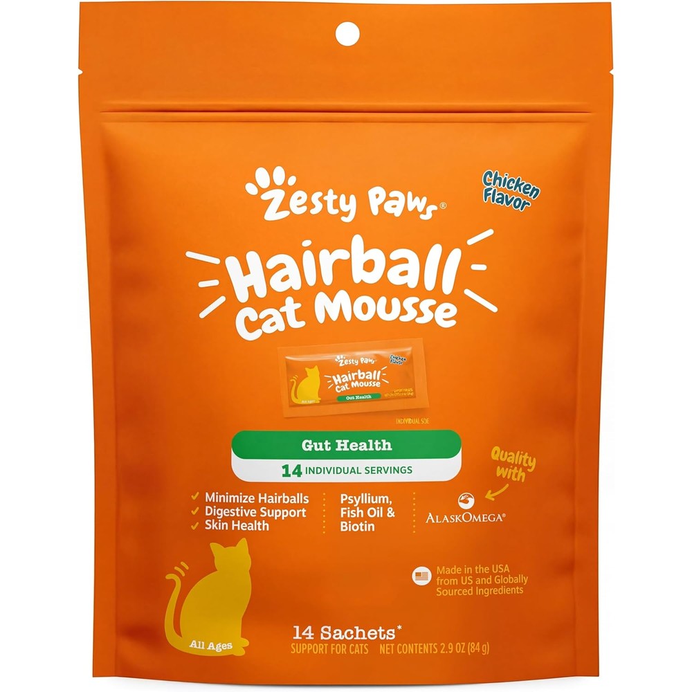 Zesty Paws Hairball Cat Mousse front view packaging of imported cat supplements in India