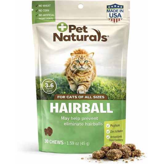 Pet Naturals Hairball Relief for cats front view package packaging showing chicken liver flavored soft chews.