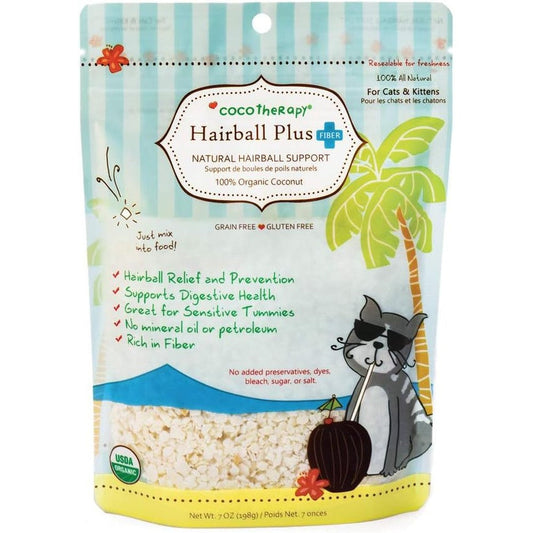 CocoTherapy Hairball Plus Fiber for Cats seven ounce pouch front view for natural feline digestive support.