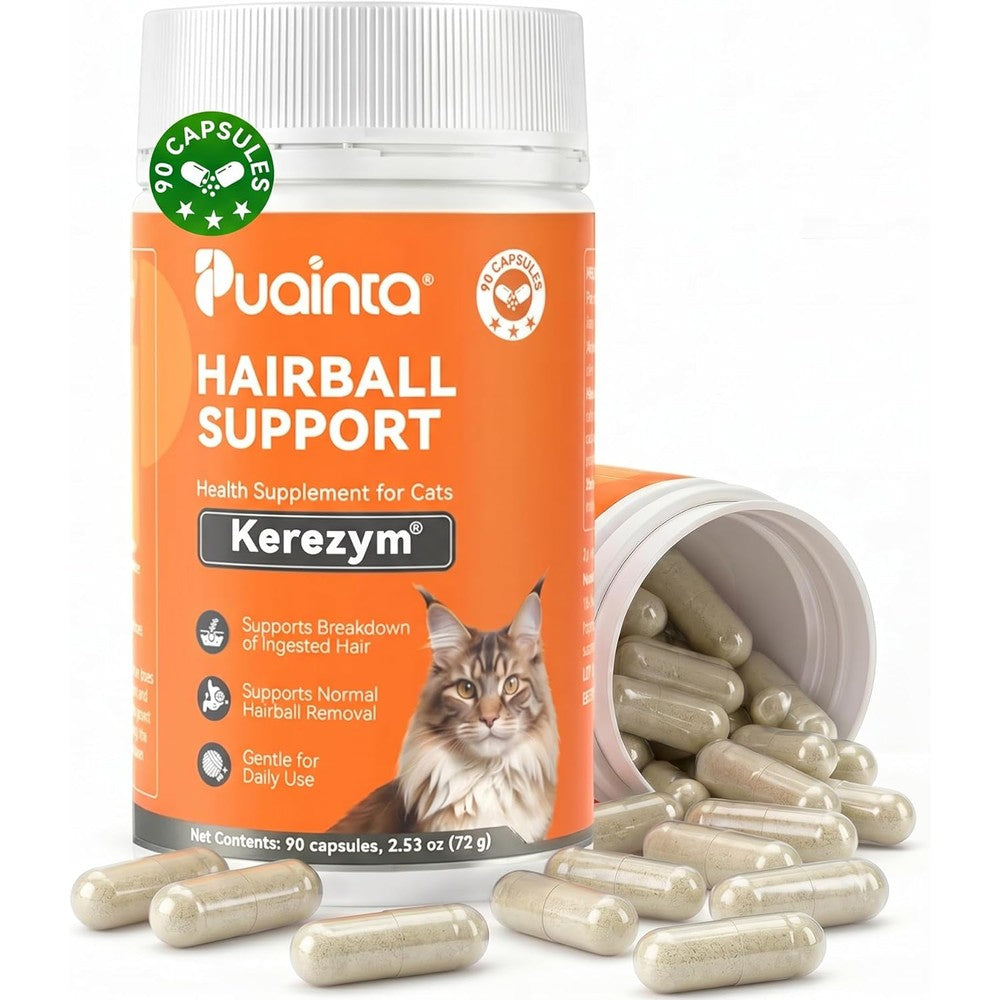Puainta Cat Hairball Control Capsules front view showing authentic cat hairball supplement bottle.