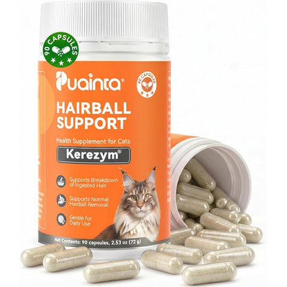 Puainta Cat Hairball Control Capsules front view showing authentic cat hairball supplement bottle.