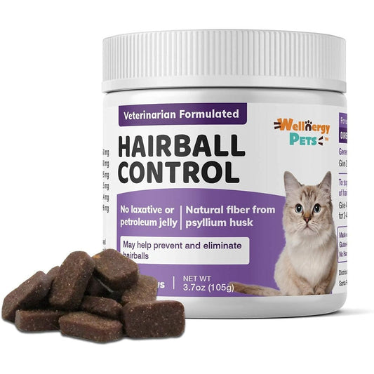 Wellnergy Pets Natural Hairball Control Chews for Cats front view premium pet supplement packaging