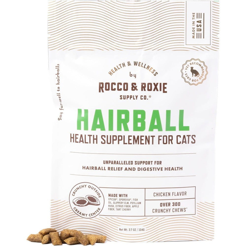 Rocco and Roxie Cat Hairball Treatment packaging front view for premium feline digestive care.