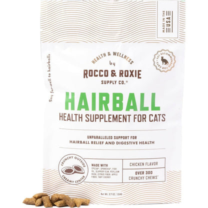 Rocco and Roxie Cat Hairball Treatment packaging front view for premium feline digestive care.