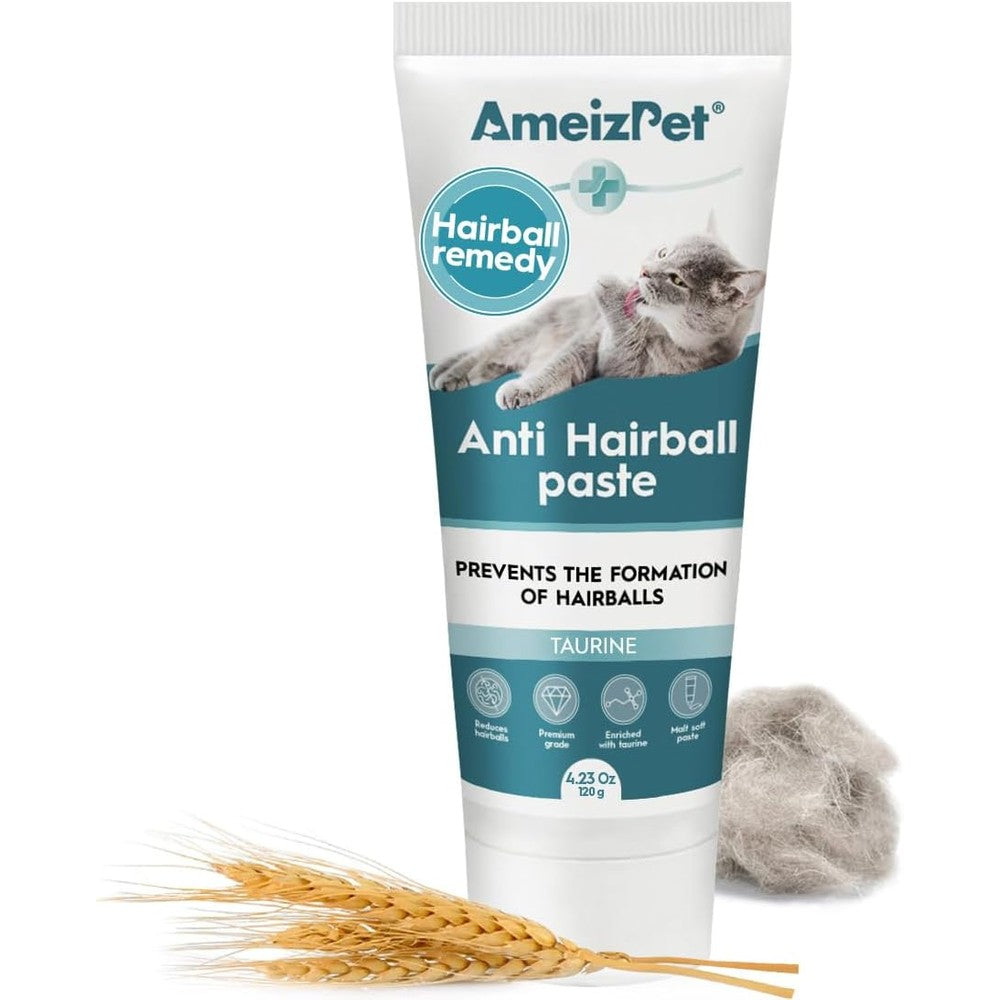 AmeizPet Hairball Remedy for Cats front view of the one hundred and twenty gram tube packaging.