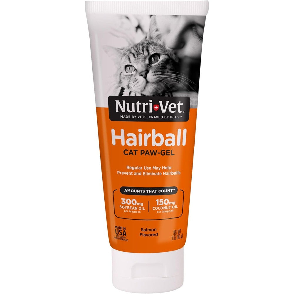 Nutri-Vet hairball paw gel front view of 3 ounce salmon flavor squeeze tube