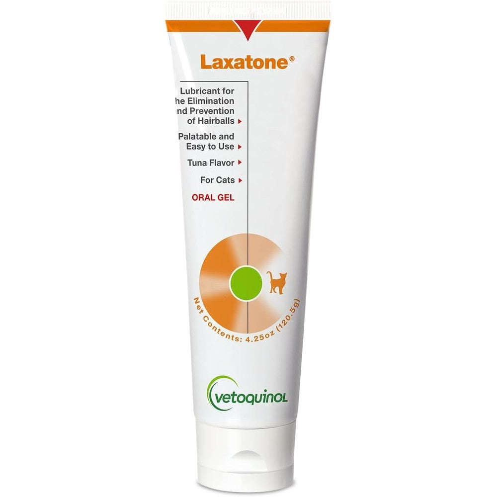 Vetoquinol Laxatone tuna flavored hairball lubricant gel tube front view with brand logo