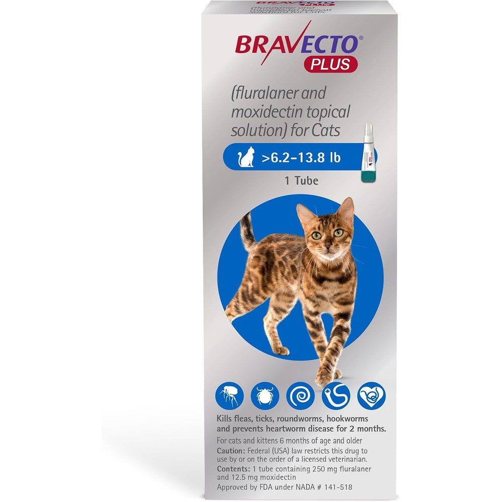 Bravecto Plus topical solution for cats blue box front view