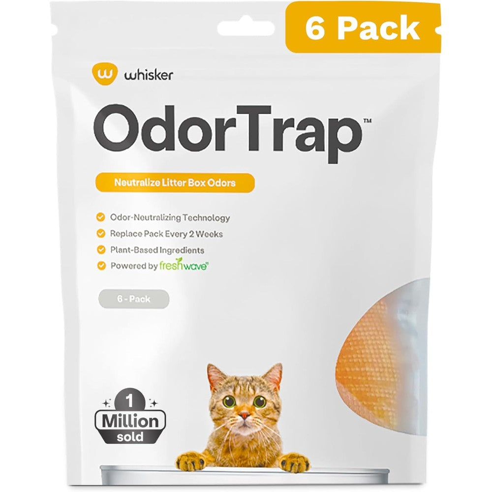 Whisker OdorTrap Pack Refills front view of the packaging showcasing six natural cat litter box odor eliminator packs.