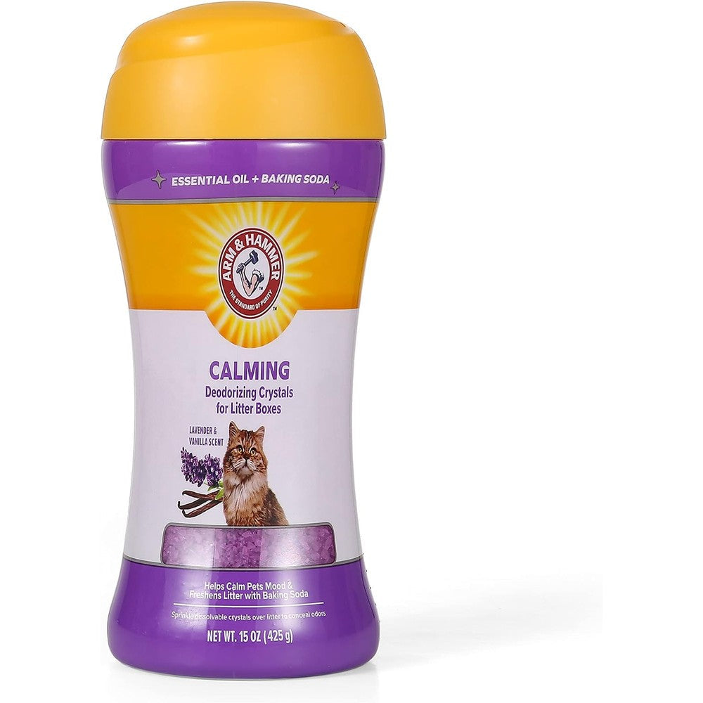 Arm and Hammer Cat Litter Deodorizing Crystals front view packaging showing lavender and vanilla scent