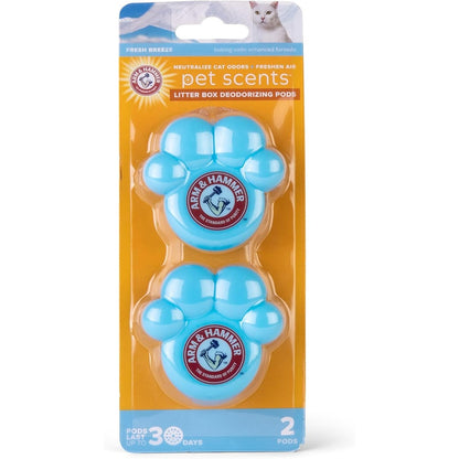 Arm And Hammer Pets Cat Litter Box Deodorizer Pods front packaging view showing two paw shaped adhesive gel capsules.