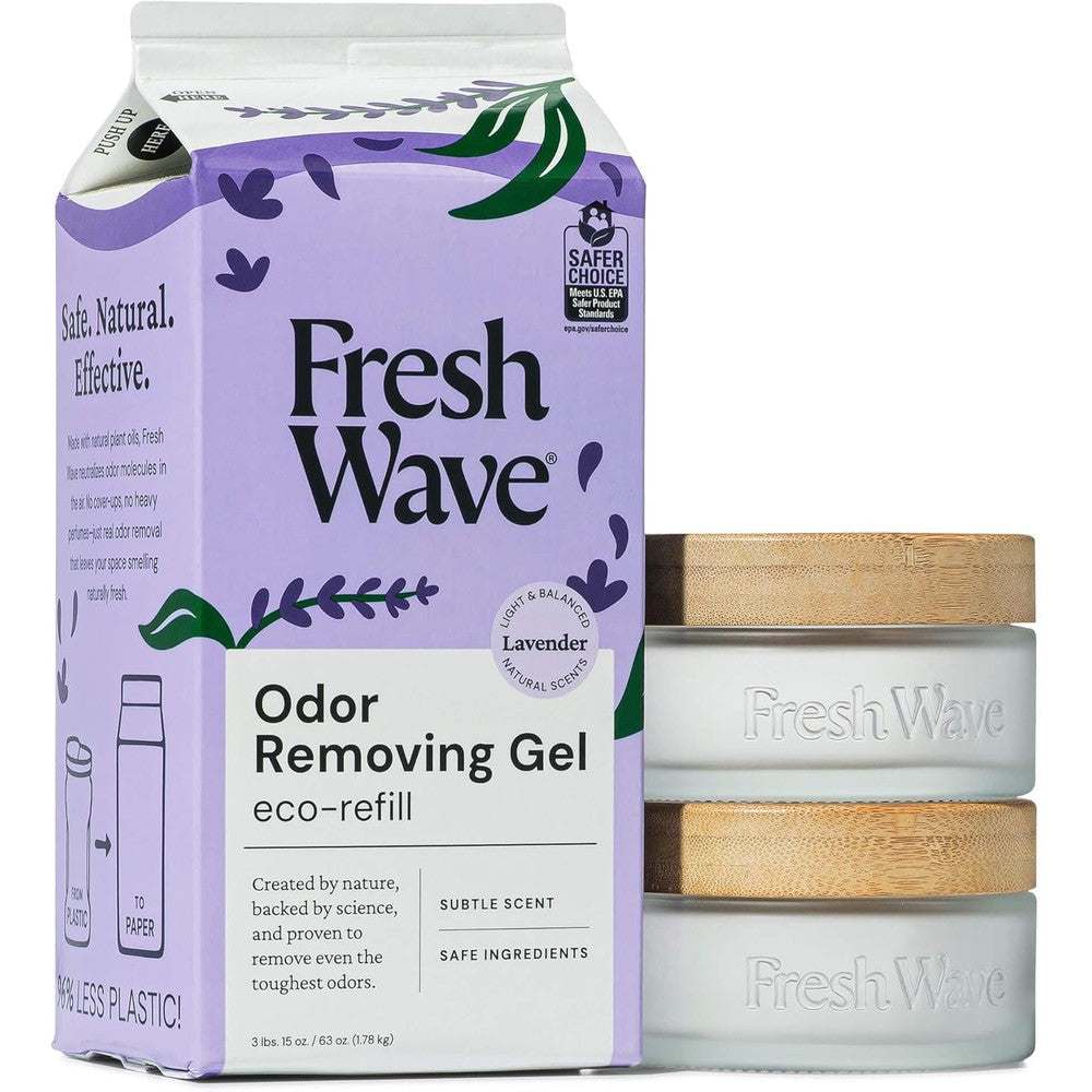 Fresh Wave Odor Removing Gel Eco-Refill front view showing the 63 ounce bottle with lavender scent graphics.