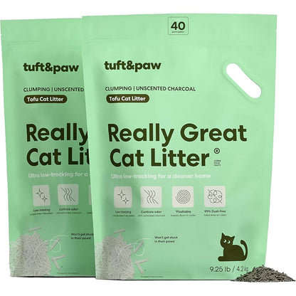 Tuft And Paw Really Great Cat Litter Ultra Low Tracking Tofu Formula With Activated Charcoal Unscented 9.25 Pounds Two Pack