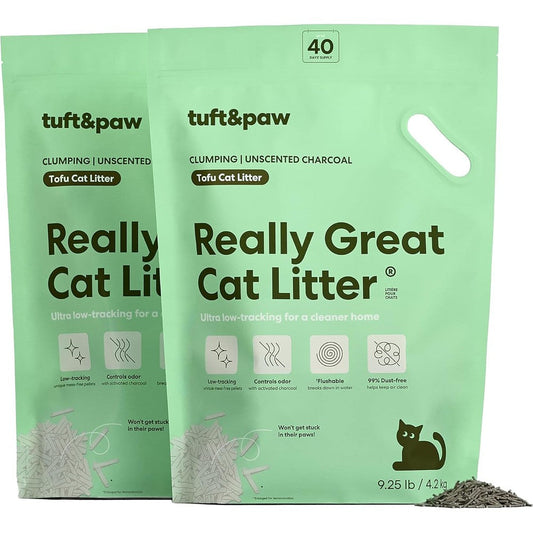 Tuft And Paw Really Great Cat Litter Ultra Low Tracking Tofu Formula With Activated Charcoal Unscented 9.25 Pounds Two Pack