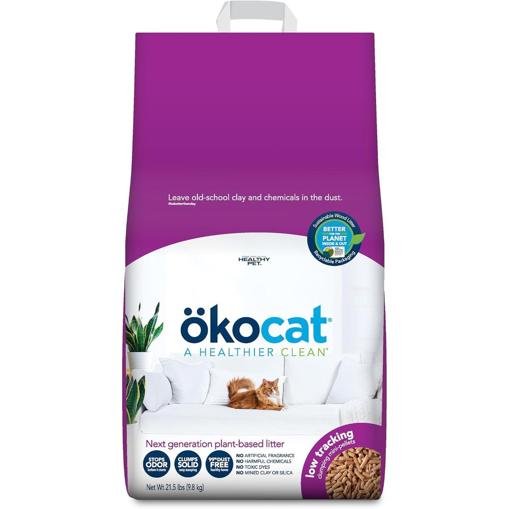 Okocat Less Mess Low Tracking Wood Clumping Cat Litter Mini Pellets Unscented 21.5 Pounds
