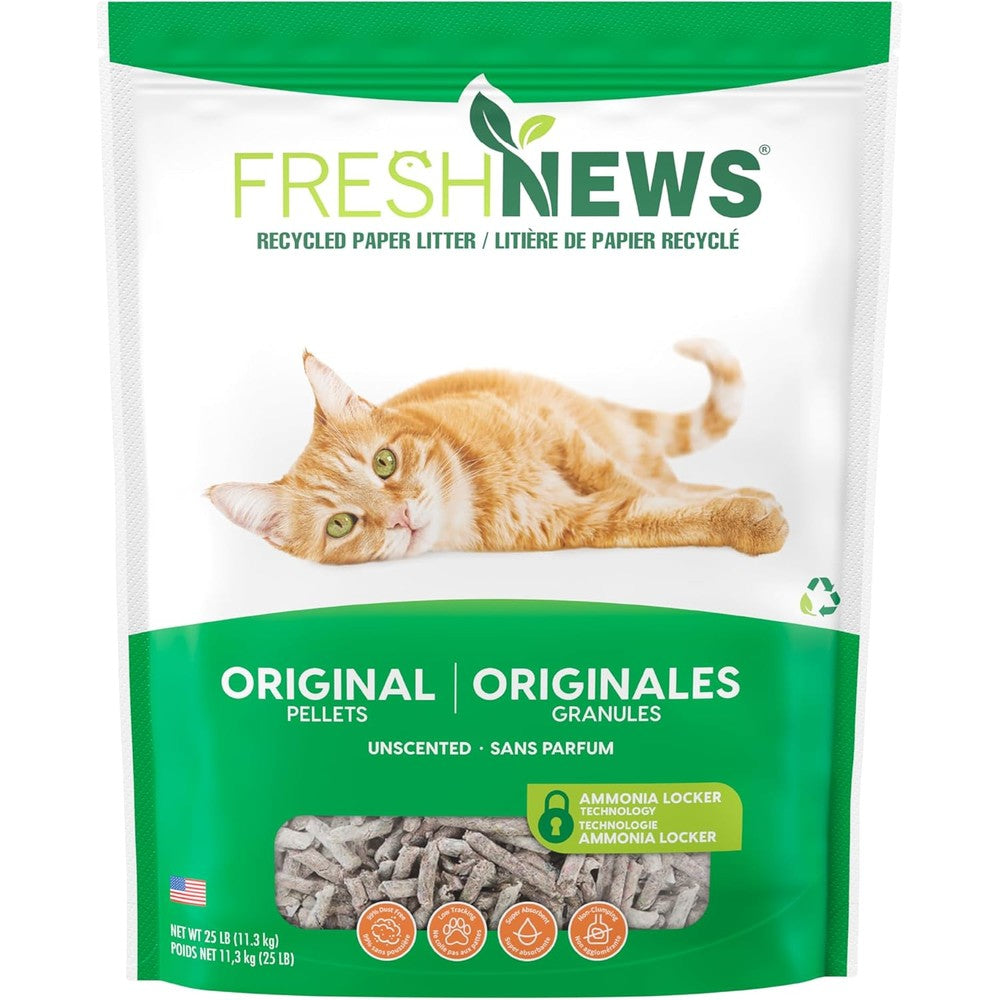 Fresh News Recycled Paper Original Pellet Cat Litter 25 Pound Non-Clumping Unscented Imported USA