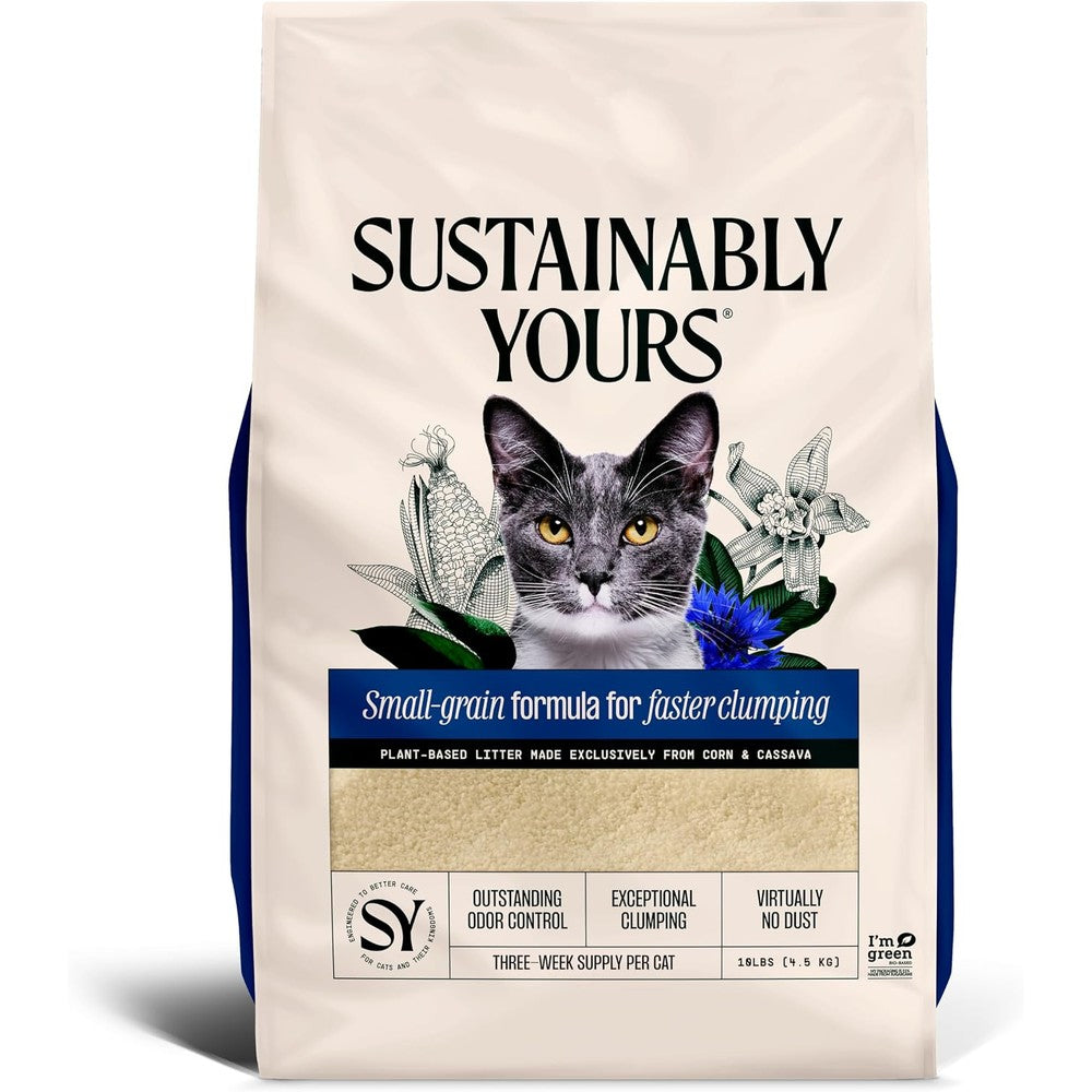 Sustainably Yours Natural Cat Litter Small Grain Formula Plant Based Corn And Cassava Clumping And Odor Control 10 Pounds