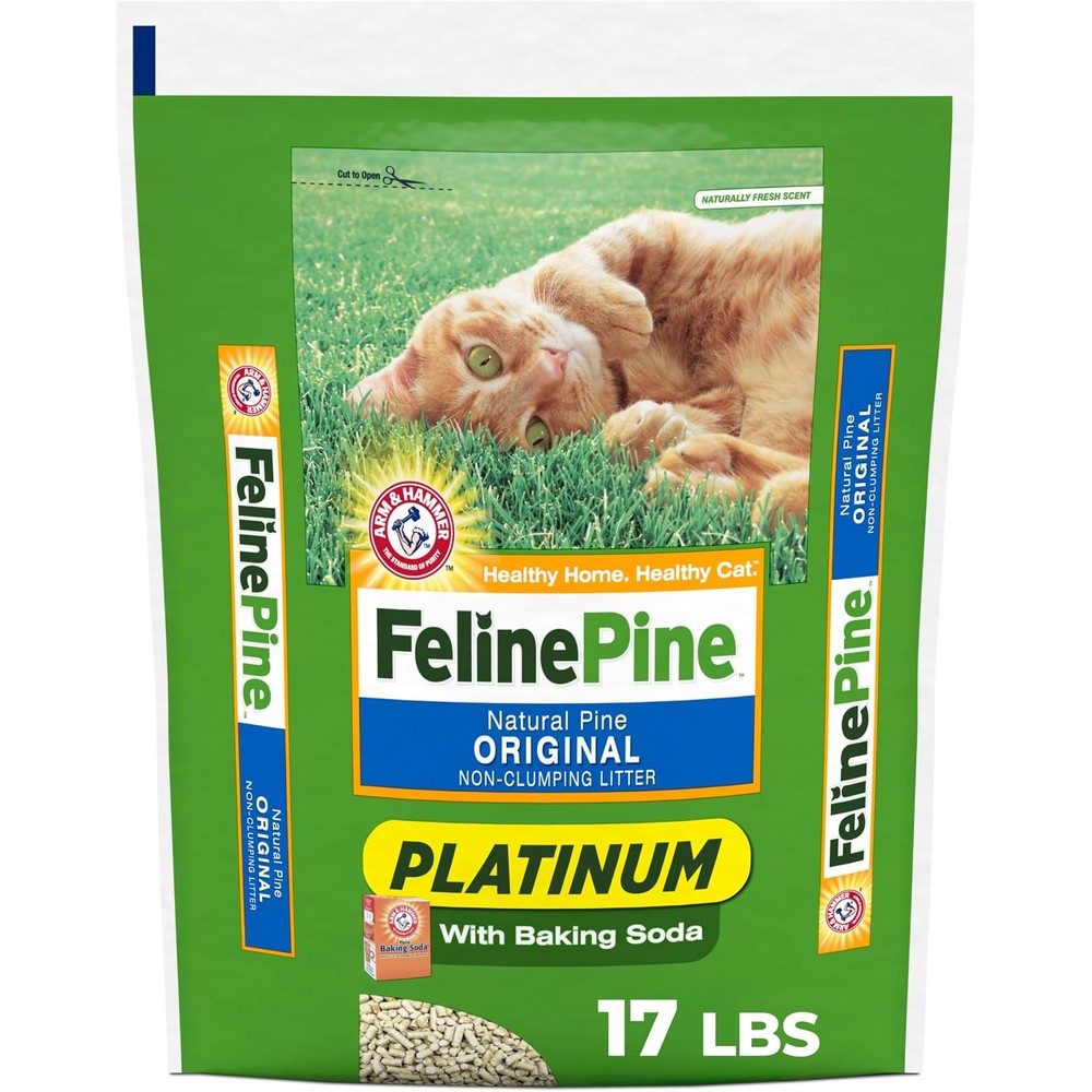 Arm & Hammer Feline Pine Platinum Non-Clumping Cat Litter 17 Pound Bag Natural Pine Wood Pellets With Baking Soda For Advanced Odor Control