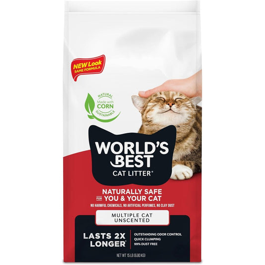 World's Best Cat Litter Multiple Cat Unscented Natural Corn Litter 15 Pounds Bag For Superior Odor Control And Quick Clumping