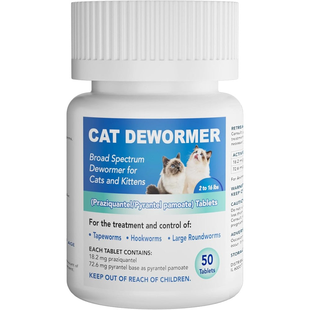 Morvequa cat dewormer broad spectrum tablets front view of the fifty tablet bottle