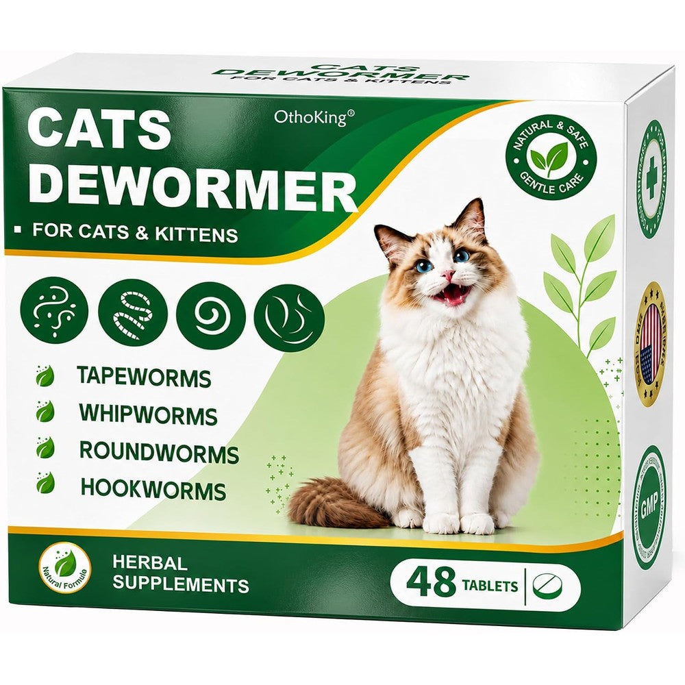 OthoKing Cat Dewormer front packaging view showing 48 natural herbal tablets for feline parasite control.