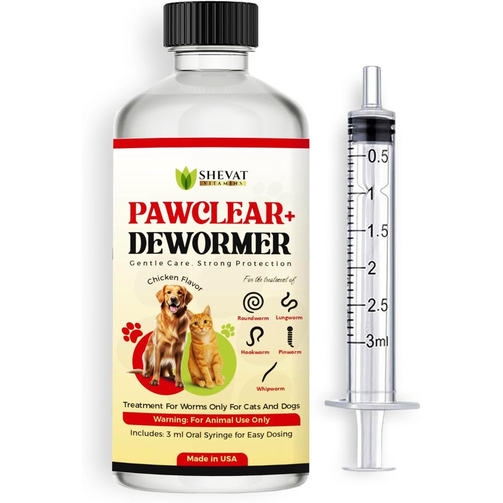 Shevat Vitamins Pawclear liquid dewormer front view for buying authentic pet worm treatment online