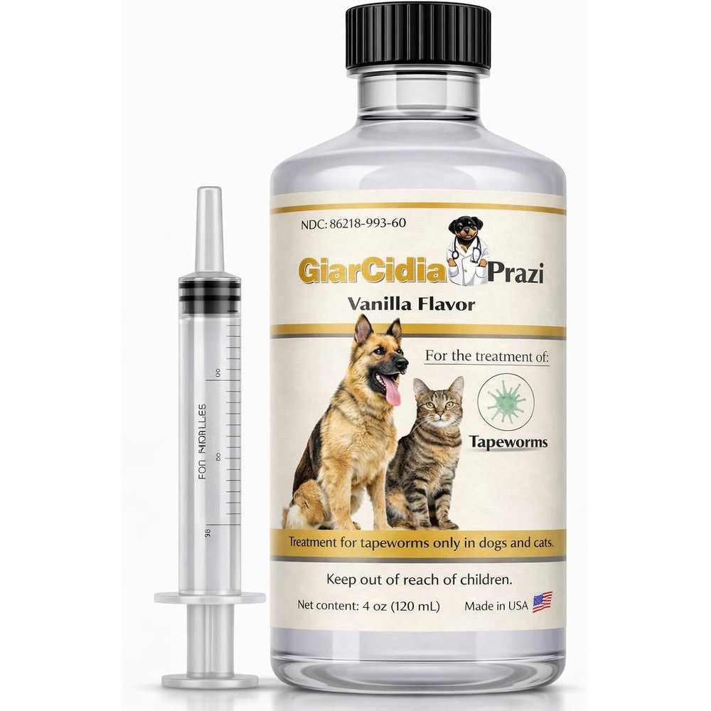 Giarcidia No More Tapeworms liquid dewormer bottle front view showing the vanilla flavor label for pet parasite control.