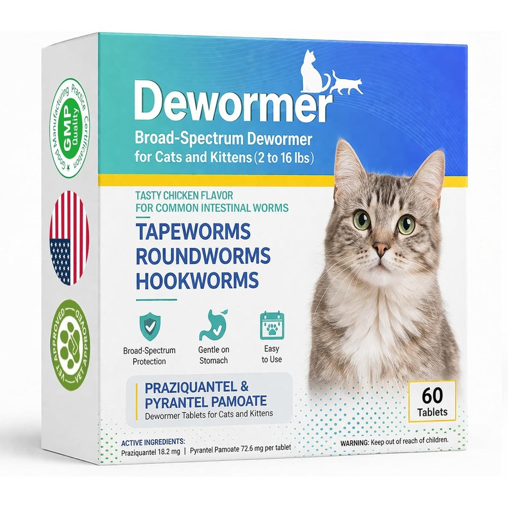 Morvequa broad spectrum cat dewormer 60 tablets front view showing packaging details for feline parasite control.
