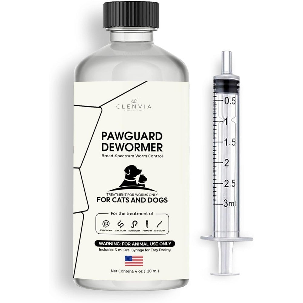 Clenvia PawGuard Dewormer front packaging view showing liquid worm treatment for cats and dogs.