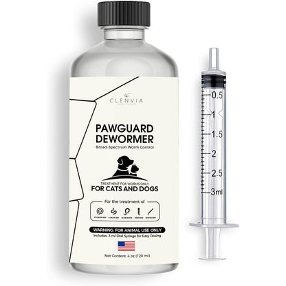Clenvia PawGuard Dewormer front packaging view showing liquid worm treatment for cats and dogs.