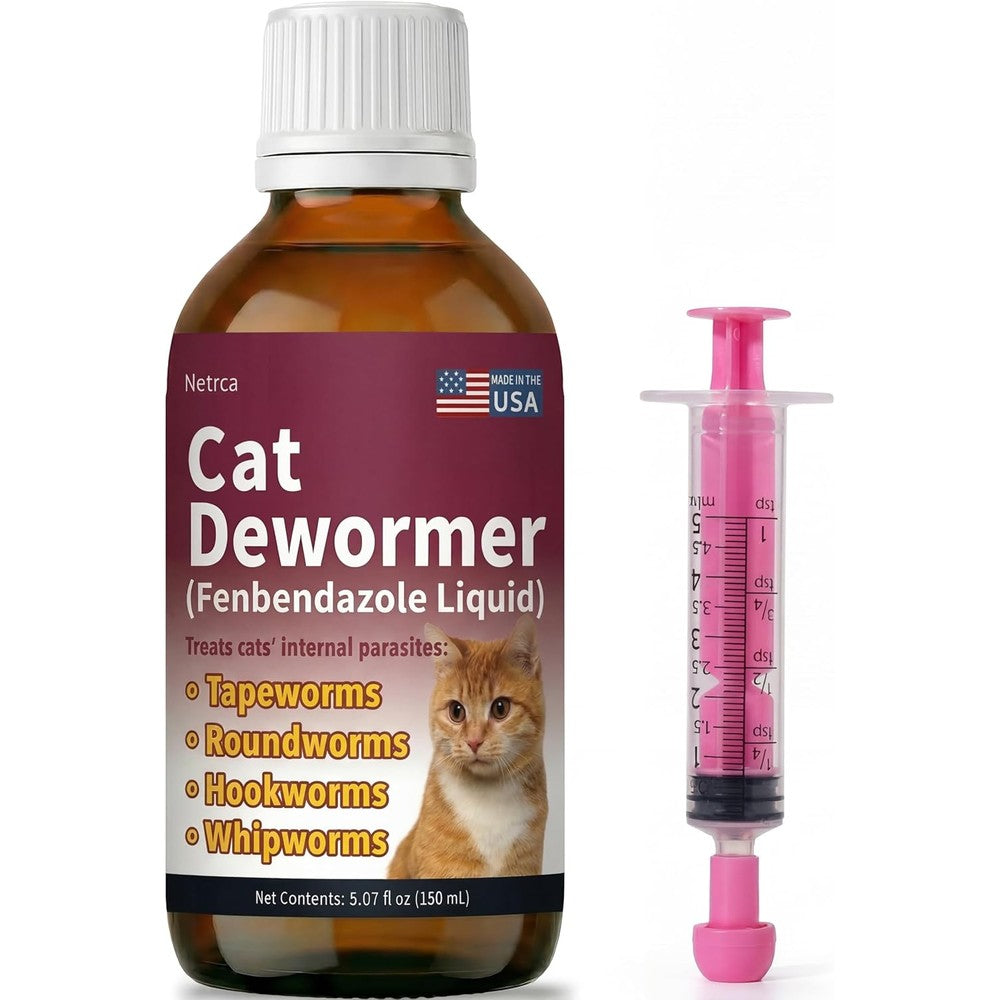 Netrca Fenbendazole Liquid Cat Dewormer front packaging bottle for kitten worm treatment