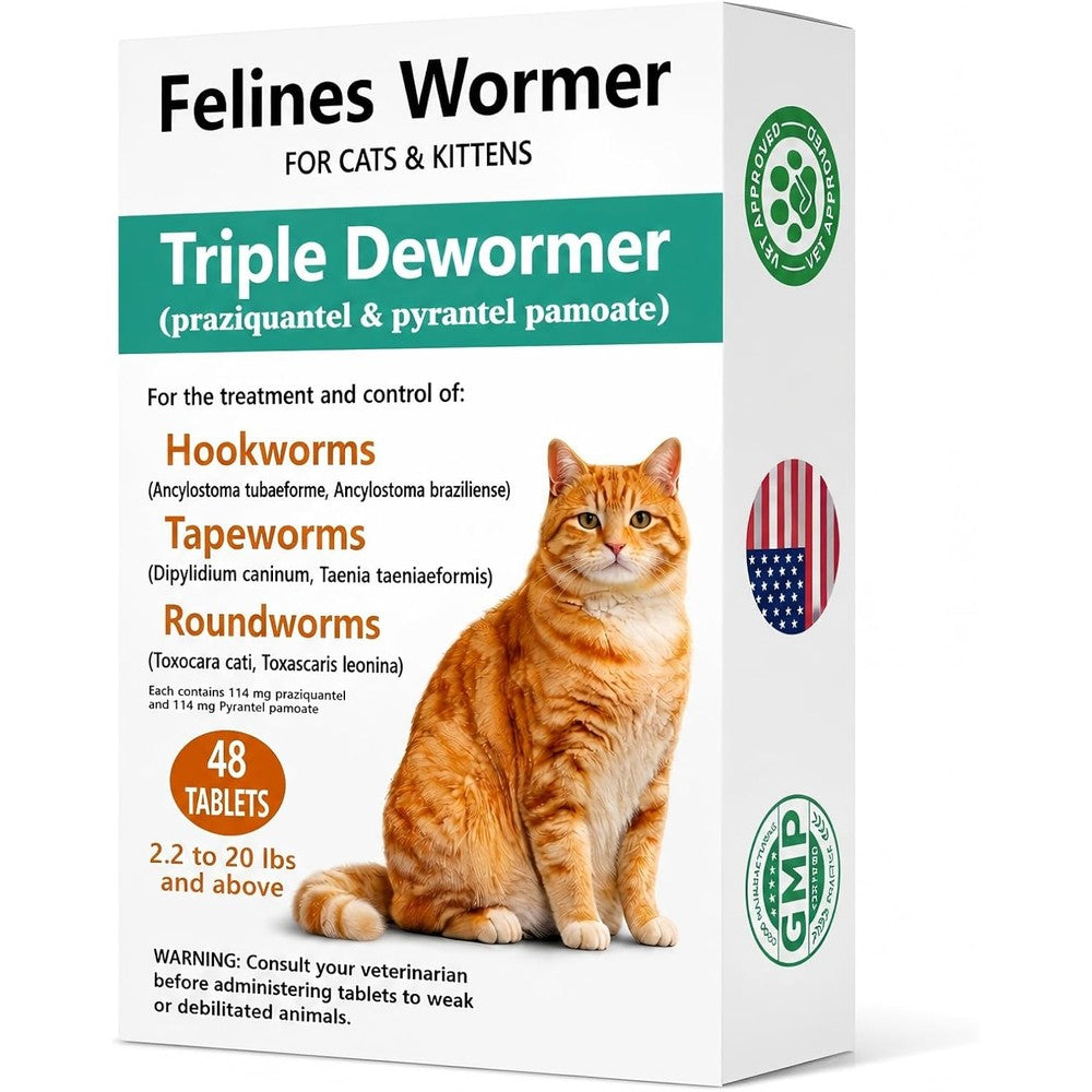 Vetraw Broad Spectrum Cat Dewormer packaging showing front view of the forty-eight tablet box
