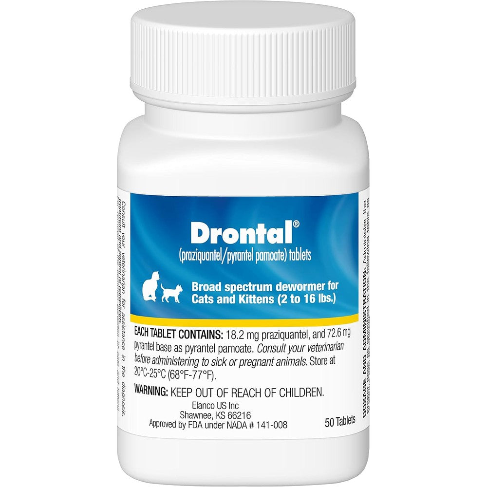 Elanco Drontal cat dewormer front view of the 50 tablet bottle