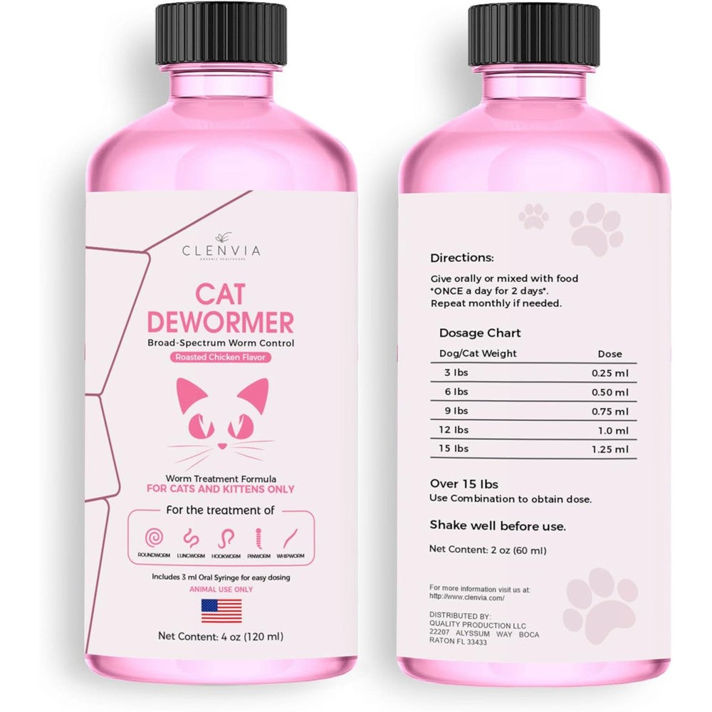 Clenvia liquid cat dewormer 120ml front view bottle with oral syringe for tapeworm care.