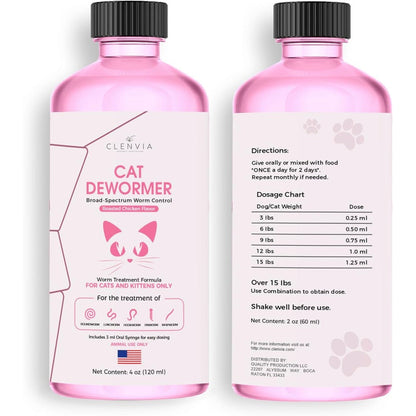 Clenvia liquid cat dewormer 120ml front view bottle with oral syringe for tapeworm care.