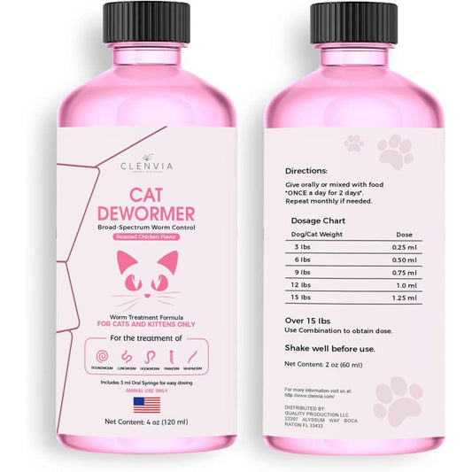 Clenvia liquid cat dewormer 120ml front view bottle with oral syringe for tapeworm care.