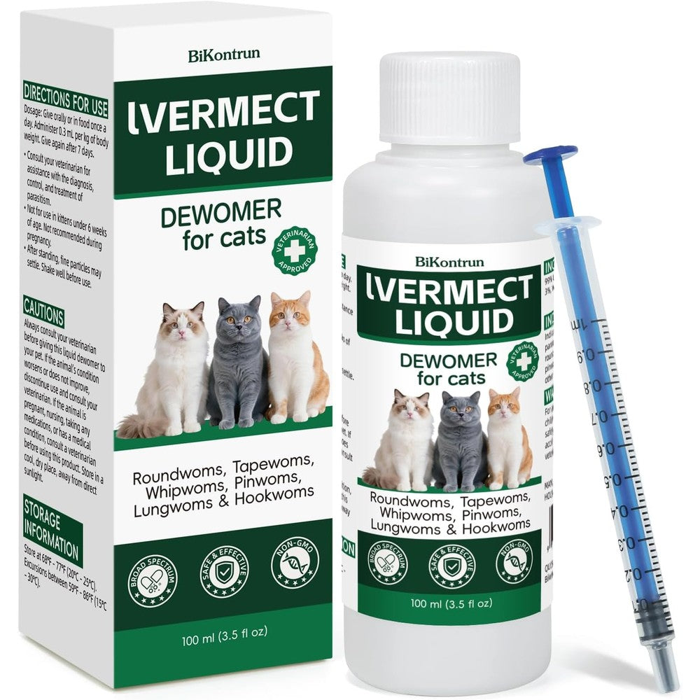 LuxeVib broad spectrum cat dewormer liquid one hundred milliliter bottle with dosing syringe front view